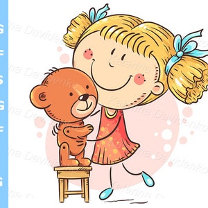 Dibujo animado de una linda niña jugando con un osito de peluche. Imagen prediseñada de un niño divertido. Imagen prediseñada de un niño jugando con un juguete, ilustración vectorial dibujada a mano