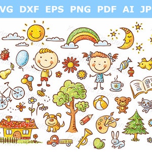 Conjunto de imágenes prediseñadas dibujadas a mano. Imágenes prediseñadas de niños de dibujos animados, ilustraciones vectoriales de garabatos, elementos de diseño aislados, descarga instantánea