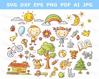 Hand drawn clipart set. Cartoon kids clip art, doodle vector illustrations, isolated design elements, instand download