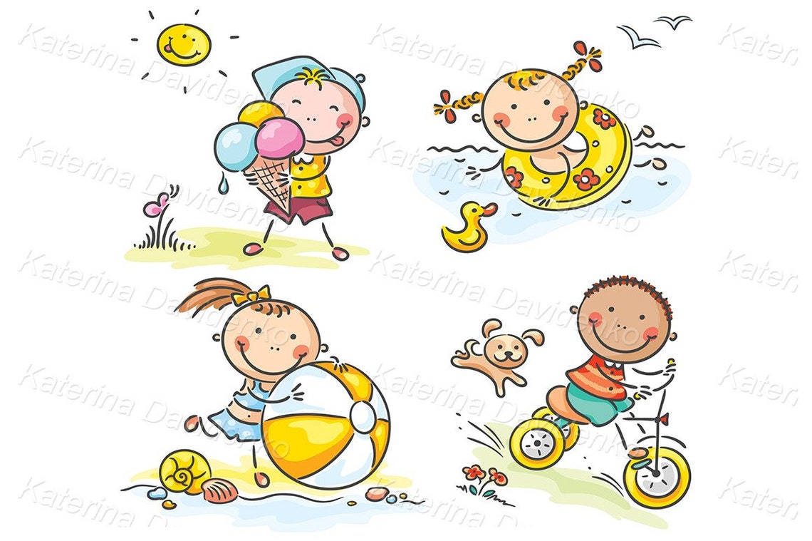Hand Drawn Cartoon Kids Summer Activities Outdoors. Season Clipart ...