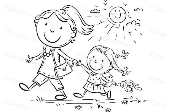 Cartoon Happy Family Clipart. Mother and Daughter on the Way to Kindergarten.  Parent and Child Walking Outdoors Clipart -  Norway