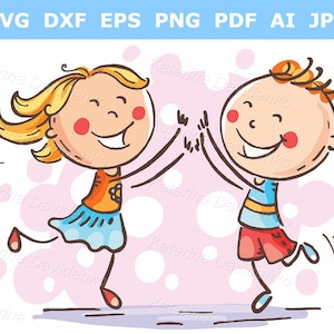 Happy doodle kinderen clipart. Cartoon jongen en meisje springen van vreugde. Kinderen dansen clipart, digitale download