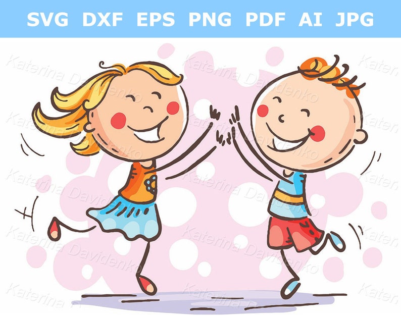Op de afbeelding: Een cartoonillustratie van een meisje en een jongen met blond en rood haar, die elkaar lachend een high five geven. Ze dragen allebei casual kleding en zijn getekend in een eenvoudige, kinderlijke stijl.