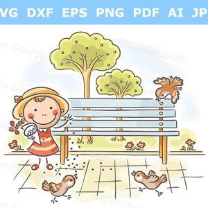 Niña linda alimentando gorriones en el parque. Clipart de actividades al aire libre para niños. Niña feliz alimentando pájaros.