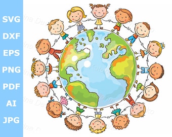 Happy cartoon children round the Globe as a symbol of peace or global communication, png and svg digital files downloads,