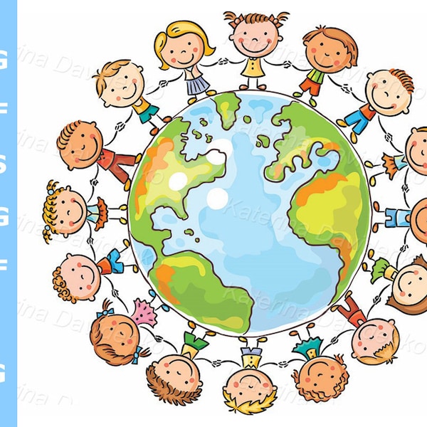 Glückliche Cartoon Kinder rund um den Globus als Symbol für Frieden oder globale Kommunikation, png und svg digitale Dateien download,