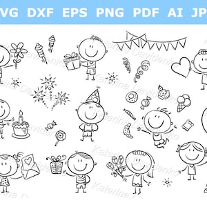 Doodle kids birthday party clipart set, outline children clipart. Black and white birthday kids illustration, for birthday tags, print-ready