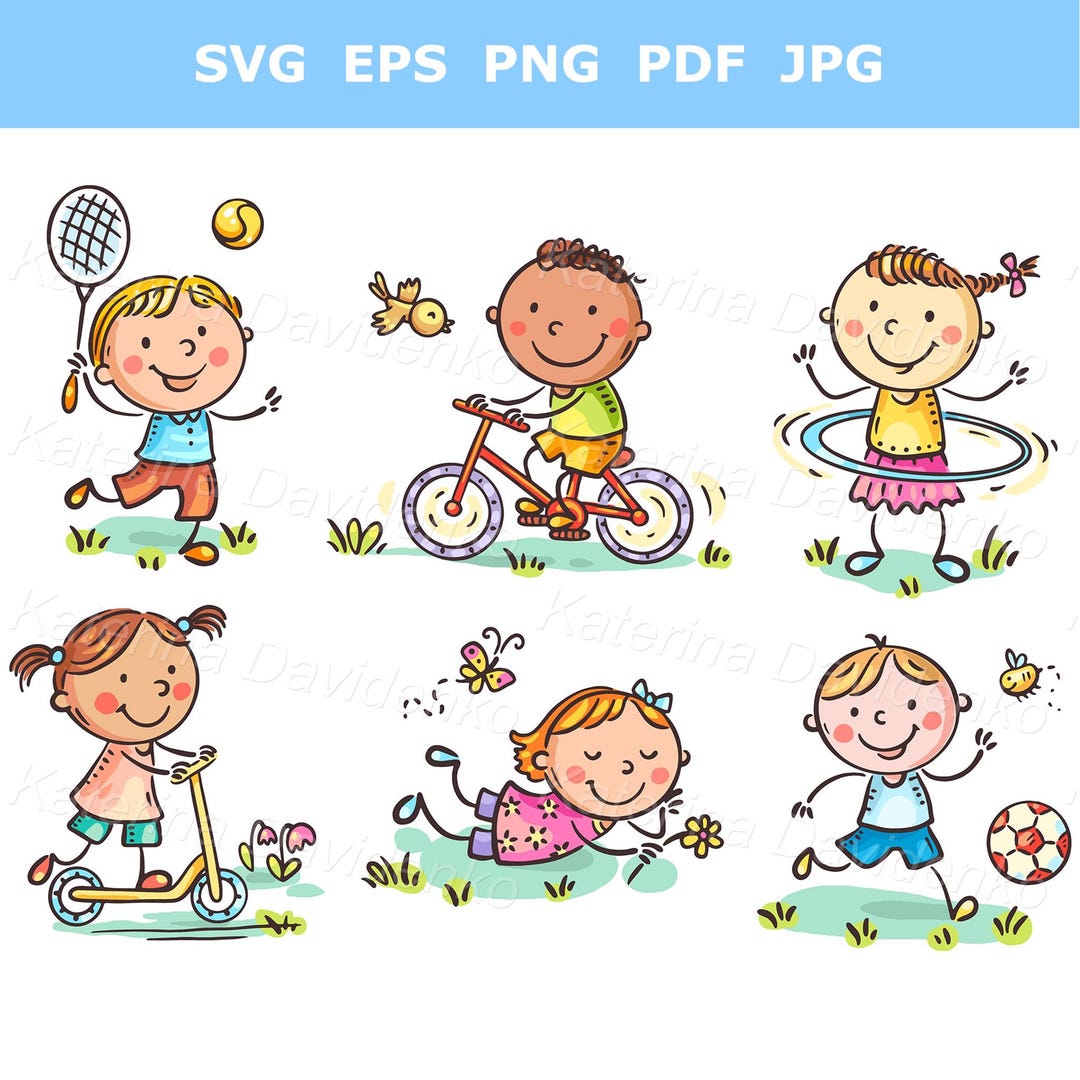 Children Playing Clipart. Set of Cartoon Kids Outdoors Summer ...