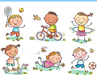 Children playing clipart. Set of cartoon kids outdoors summer activities, games and sports clip art. Kids Playing Outside Clipart