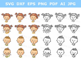 Cartoon illustration of kids faces with different emotions image clipart set