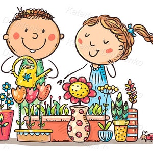 May include: Two children are gardening. One child is watering plants with a yellow watering can. The other child is smiling and looking at a flower. The plants are in pots and include flowers, tulips, and other greenery. There is a ladybug on the ground.
