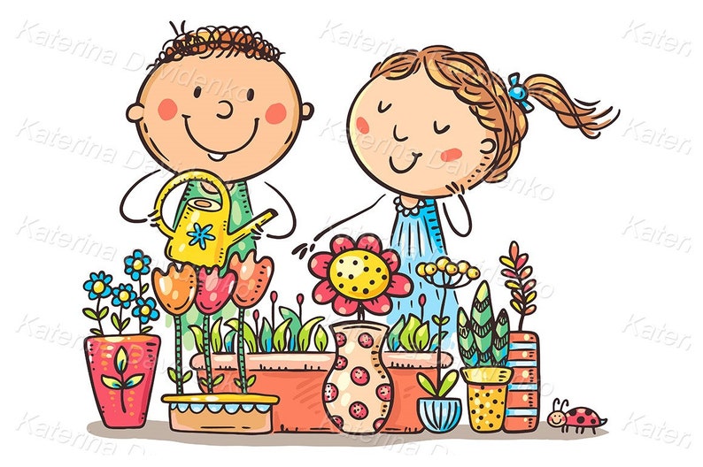 May include: Two children are gardening. One child is watering plants with a yellow watering can. The other child is smiling and looking at a flower. The plants are in pots and include flowers, tulips, and other greenery. There is a ladybug on the ground.