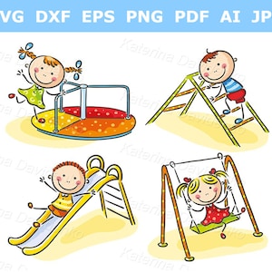 Niños de dibujos animados en el patio de recreo - clipart de dibujo infantil