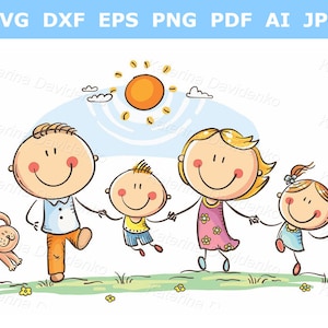 Clipart de una familia feliz de dibujos animados. Familia con dos niños divirtiéndose corriendo al aire libre.