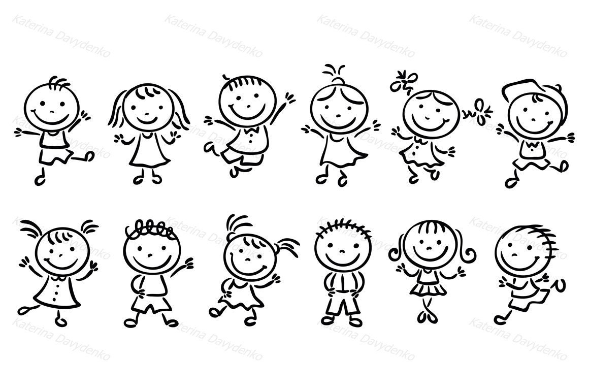 Happy cartoon kids clipart set. Children jumping or dancing. Hand drawn characters, vector illustration