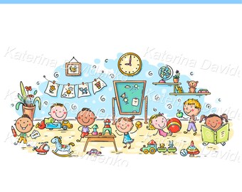 Cartoon kids clipart. Elementary age children playing together with toys in kindergarten. Preschool kids activities and cooperation clipart