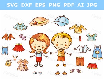 Happy doodle kids clipart. Summer clothes set. Game for children. Boy and girl clipart