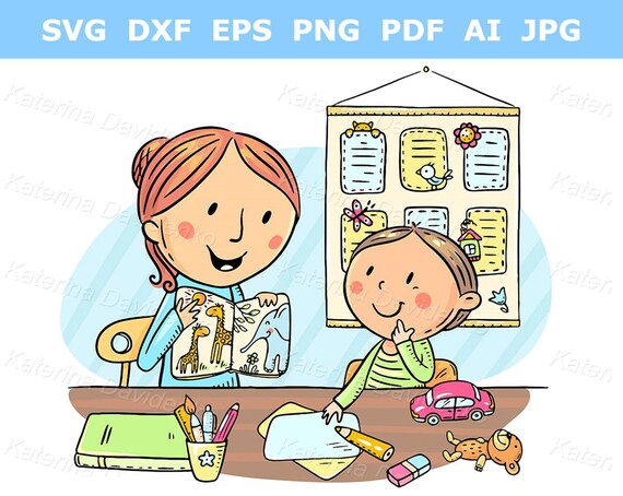 Education clipart, school clip art - Child and teacher or mother reading a  book together and describing pictures.