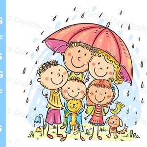 Doodle family clipart. Cartoon happy family under an umbrella in the rain. Spring weather hand drawn illustration, parents with kids