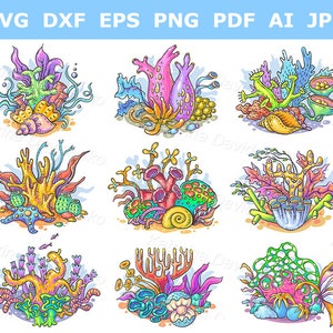 Cartoon coral clipart. Set of colorful corals and other underwater creatures, sea and ocean life