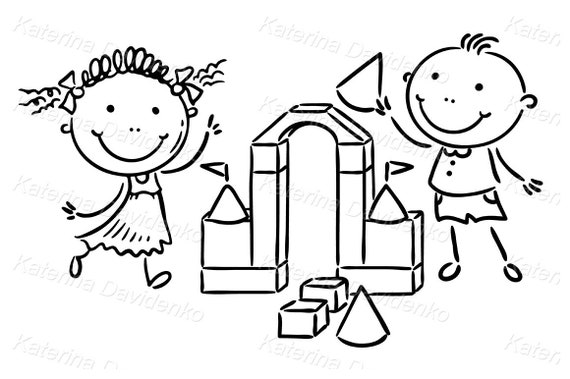 Garabato de dibujos animados niños felices jugando con bloques - Etsy España Garabato de dibujos animados niños felices jugando con bloques - Etsy España