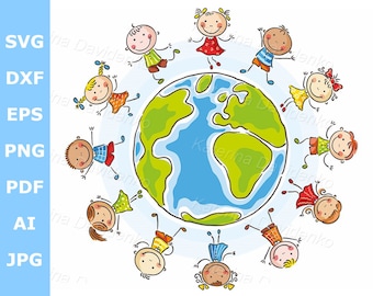Doodle cartoon kids clipart. Different children around the globe. Doodle kids art, children around globe, commercial use, ready-to-use