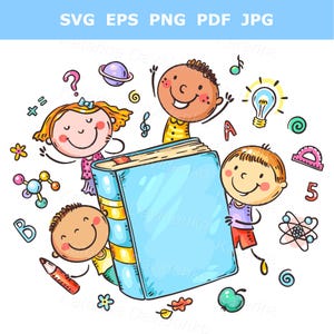 Skolbarn med en stor bok. Pedagogisk barnclipart för undervisningsresurser, högupplöst png. Kommersiellt bruk, omedelbar nedladdning.