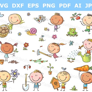 Dibujo animado de niños en el jardín. Dibujo animado de niños regando, plantando y recogiendo la cosecha. Conjunto de ilustraciones vectoriales dibujadas a mano