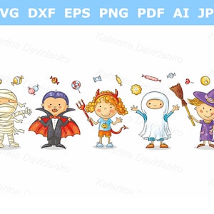 Halloween children clipart set. Happy cartoon kids in Halloween costumes, vector illustration. Isolated characters