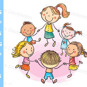 Niños felices bailando con su maestra. Clipart de niños de kindergarten, ilustración vectorial de niños en edad preescolar.