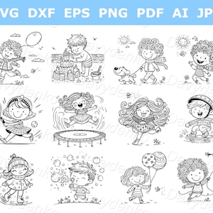 Umriss Cartoon Kinder Clipart-Set, Vektor-Illustration. Kinder Outdoor Aktivitäten Clipart, schwarz und weiss. Kinder Sport Clipart-Set