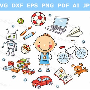 Doodle kid with toys. Cute boy standing with different object. Cartoon clipart set