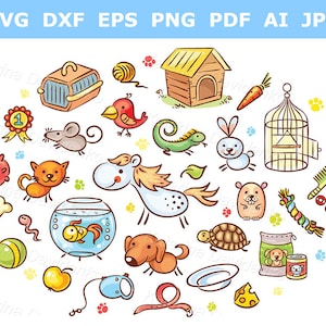 Cartoon animals clipart. Set of pets with accessories clip art, toys and food for pets clipart. Animals vector illustration digital download