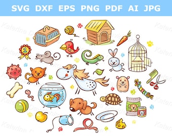 May include: A collection of cartoon pet-themed illustrations, including a dog, cat, fish, bird, and hamster, along with pet supplies like a cage, food, and toys. The image also includes the text "SVG DXF EPS PNG PDF AI JPG".