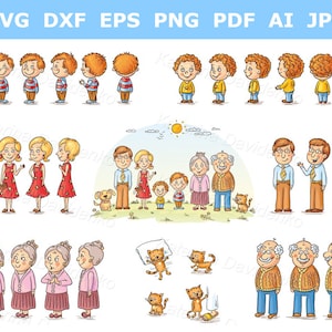 Cartoon familieleden clipart set. Geïsoleerde karakters. Moeder Vader Grootvader Grootmoeder Zoon Jongen Familie op een rij staan