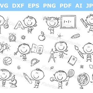 Conjunto de imágenes prediseñadas de escolares con material escolar. Ilustración vectorial en blanco y negro. Imágenes PNG y SVG de niños pequeños.