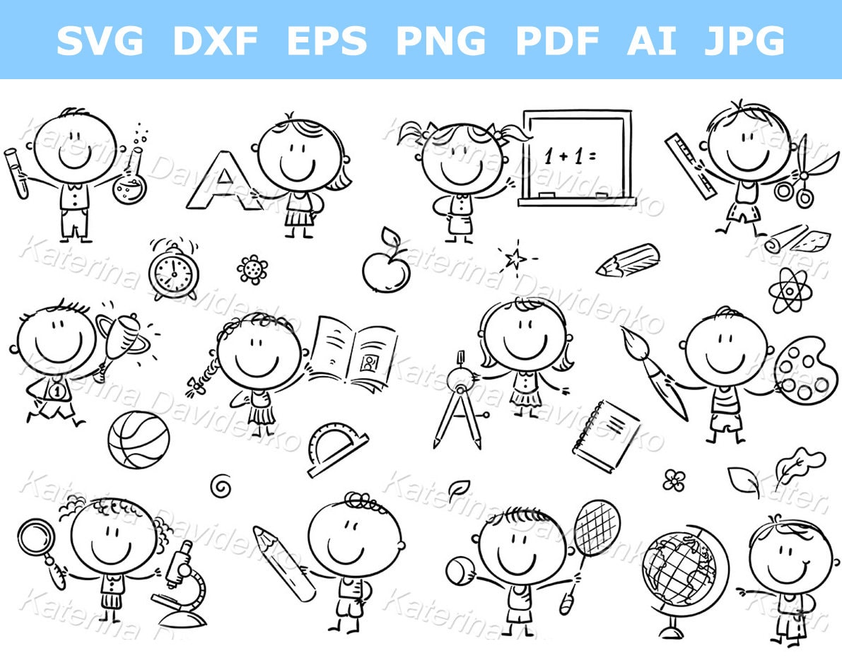 Cartoon schoolkids with school things clipart set. Outline vector illustration, black and white clipart, little children PNG SVG pictures