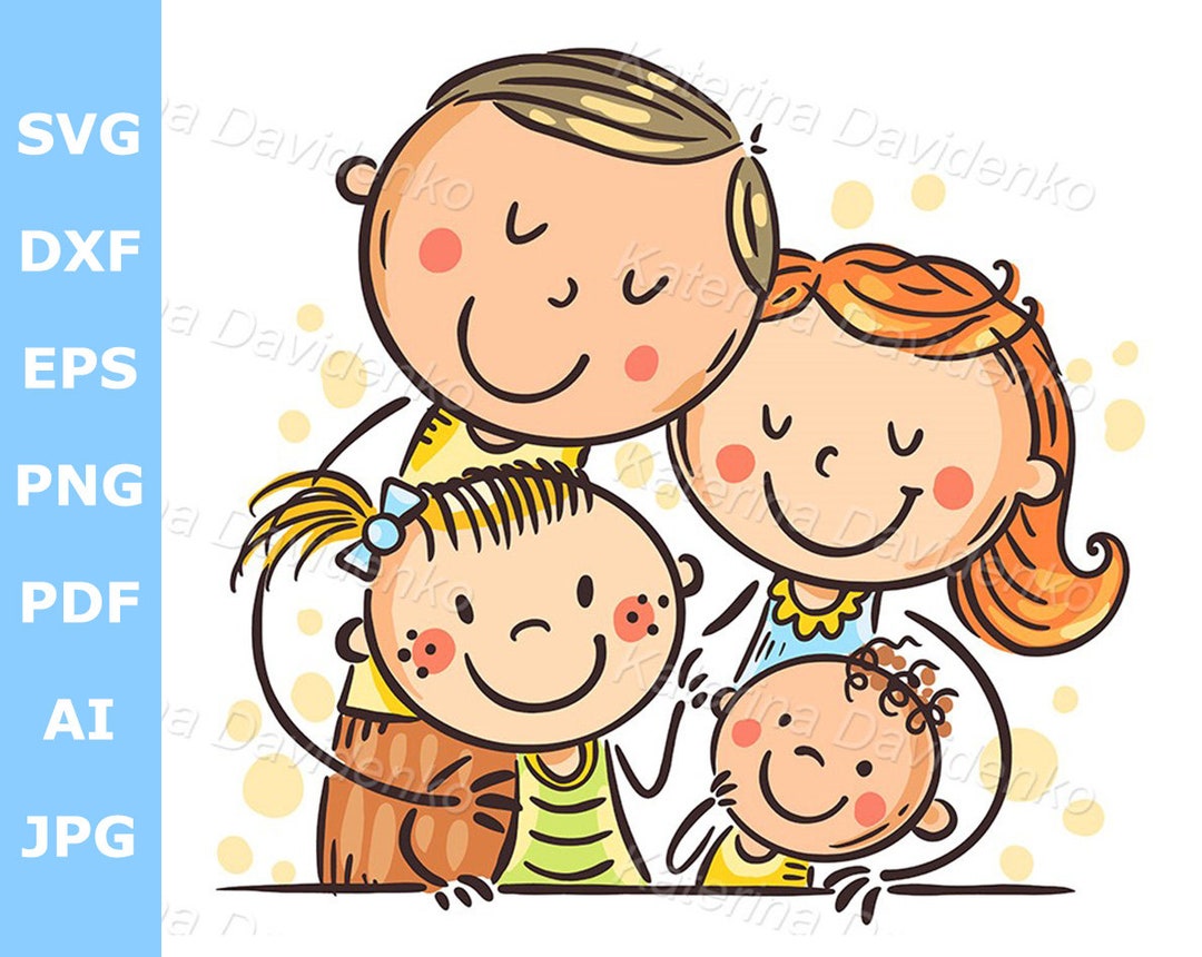 Cartoon Doodle Parents Hugging Kids, Mother and Father Embrace Their  Children Hand Drawn Family Clipart Illustration 