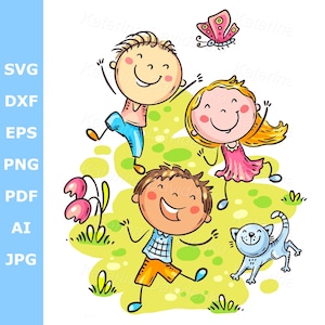 Cartoon kids having funn otdoors together. Doodle kids clipart. Cute children jumping with joy, summer outdoor activity. Digital download