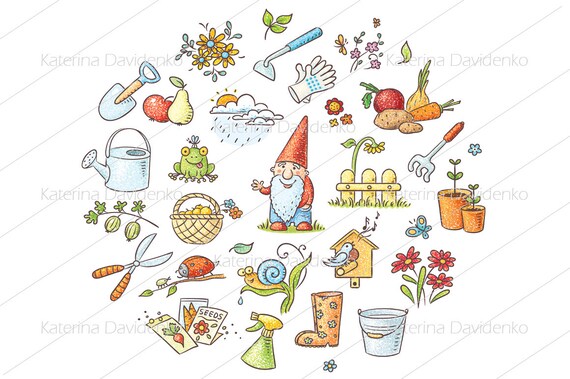 Set Of Cartoon Gardening Tools Plants And Animals Fruit And Etsy
