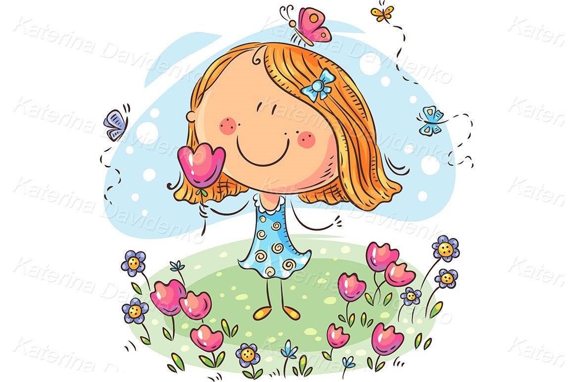 Cute Cartoon Girl on the meadow with flowers