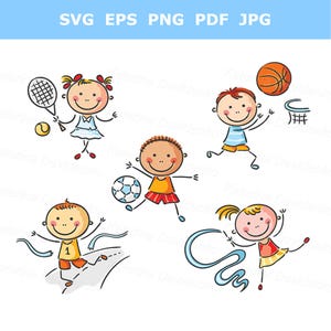 Doodle Kinder Sport Clipart. Fröhliche Comic Kinder, die Sport machen. Kinder Clipart