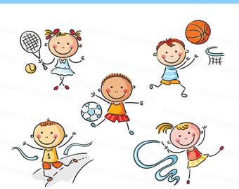 Doodle kids sport activities clipart set. Happy cartoon kids going in for sport clipart. Children clipart