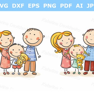 Clipart familiar de dibujos animados. Familia doodle con niño de pie juntos. Padres con niño. Madre y padre con niño pequeño, clipart aislado.