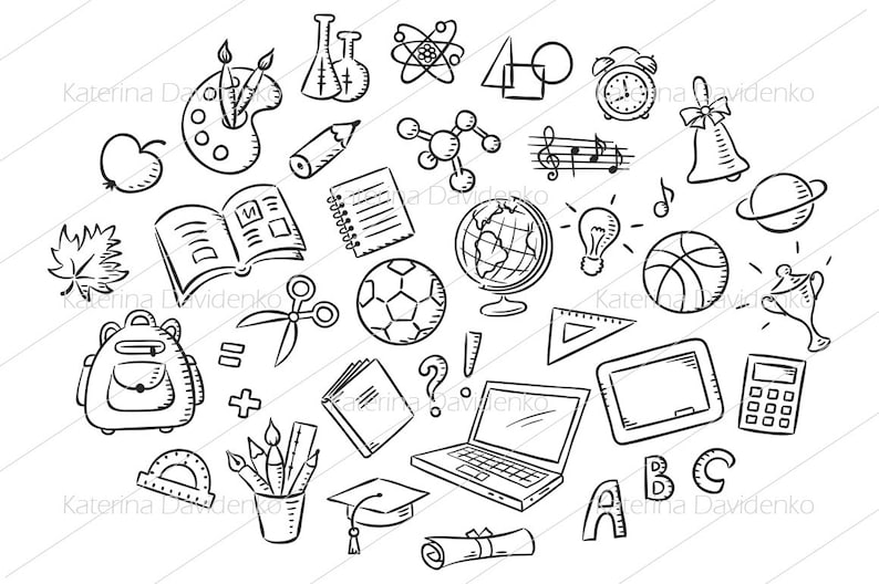 Doodle Set of School Things Clipart PNG SVG School Stickers Etsy
