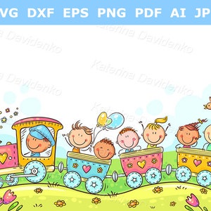 Imágenes prediseñadas de niños felices viajando en tren. Portada. Ilustración vectorial. Descarga digital. Imágenes prediseñadas de niños.