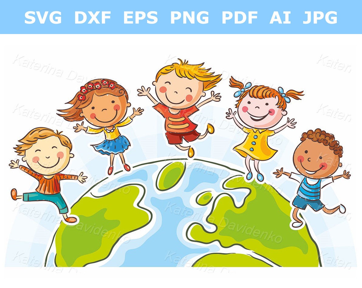 Happy Jumping Kids Round the Globe. Cartoon Kids Clipart - Illustration of  Children on Earth - Etsy Sweden, image size:1191x948