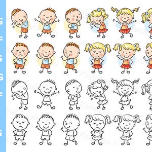 Conjunto de imágenes prediseñadas de emociones infantiles. Niño y niña garabatos, imágenes prediseñadas de emociones infantiles, ilustración vectorial, descarga digital.