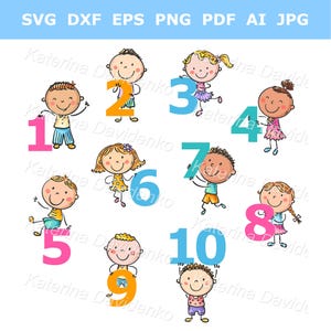 Cartoon kids holding numbers clipart set, isolated characters. Numbers in pictures set, maths teaching aid for little children