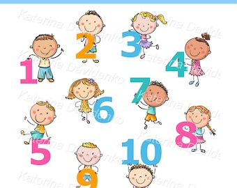 Children Holding Numbers Clipart. Teachers Resources. Numbers Kids Clipart. Cute Cartoon Children Counting 1-10. Preschool Math Illustration